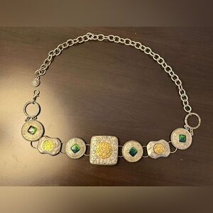 Chico’s Metal Belt Ascot Chain Silver Gold Green Jeweled M/L
